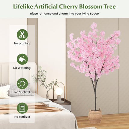 Dreamade 6.5FT Artificial Cherry Blossom Tree, Pink Fake Flower Tree, Faux Floral Plant Blooming Tree in Cement Pot