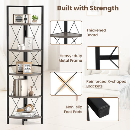 Dreamade 5-Tier Corner Shelf, 63" Tall Corner Bookshelf, Freestanding Storage Rack w/Metal Frame