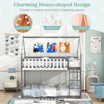 Dreamade Bunk Bed Twin Over Twin, Wood House Low Bunk Bed with Ladder & Fence Safety Guardrail