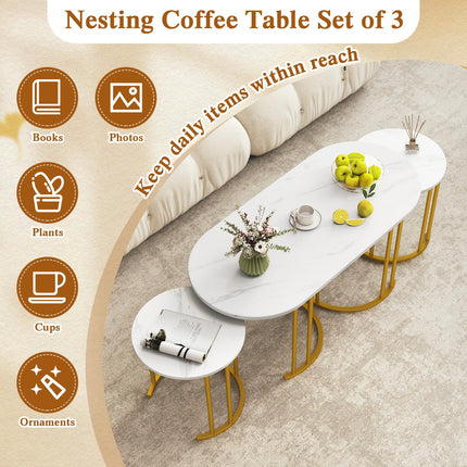 Dreamade Nesting Coffee Table Set of 3, Stacking Side Tables with Faux Marble Tabletop & Gold Metal Frame