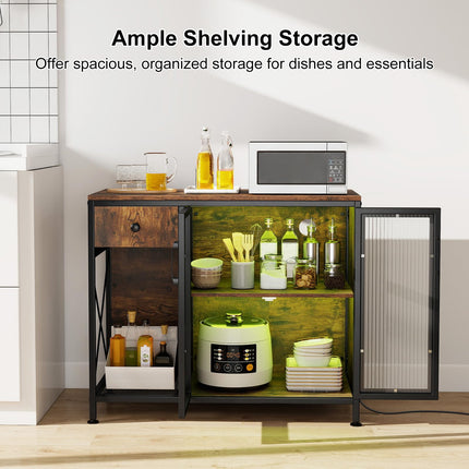 Dreamade Industrial Buffet Sideboard with Power Outlets and LED Light