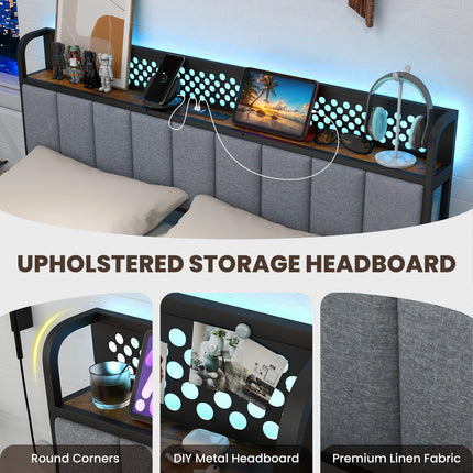 Dreamade Queen/Full/Twin Size LED Bed Frame with Charging Station, Metal Platform Bed with Upholstered Headboard & 4 Storage Drawers