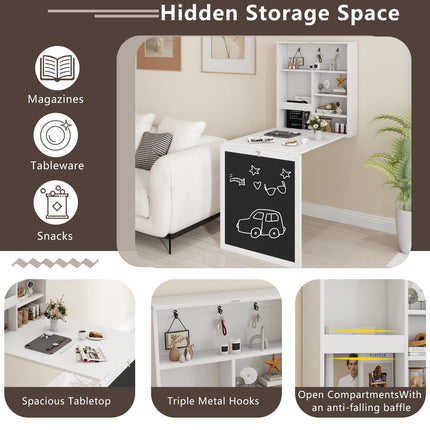 Dreamade Foldable Wall Mounted Desk with Storage Shelves Hooks & Chalkboard
