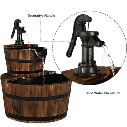Dreamade 2-Tier Barrel Waterfall Fountain with Hand Pump