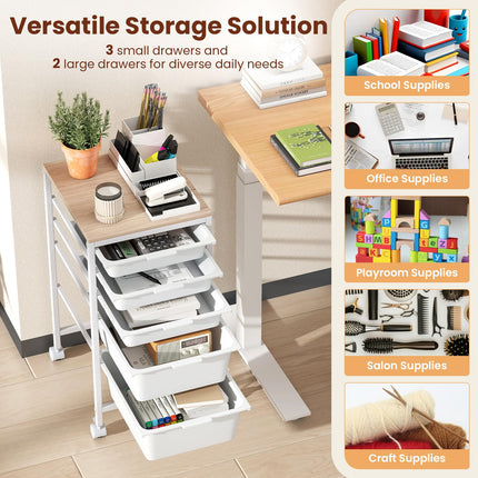 Dreamade 5-Drawer Rolling Storage Cart Mobile Utility Organizer with Wooden Tabletop and Lockable Wheels