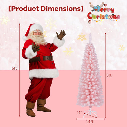 Dreamade 5ft Pink Slim Pencil Christmas Tree, Artificial Unlit Skinny Xmas Full Tree with 328 Branch Tips