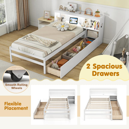 Dreamade Wood Twin Bed Frame with Storage Drawer & Headboard, Modern Platform Bed with Charging Station & LED Light