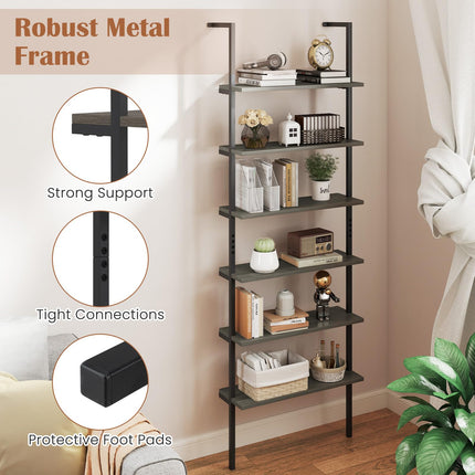Dreamade 6-Tier Ladder Shelf, 72" Wall Mounted Bookshelf with Metal Frame, Industrial Open Storage Shelves