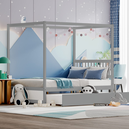 Dreamade Canopy Bed w/ Trundle, Full Size Kids Solid Wood Platform Bed Frame