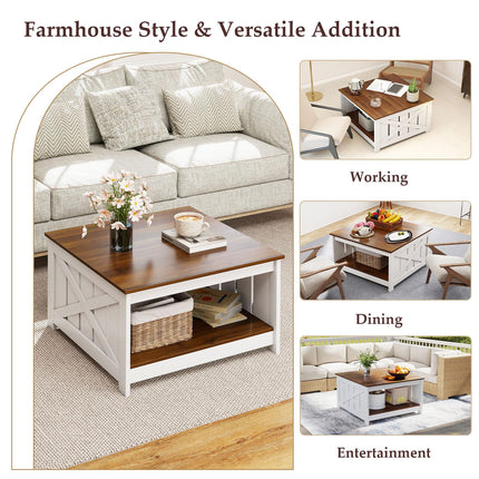 Dreamade Farmhouse Coffee Table 31 Inch Square Wood Coffee Table with Storage Shelf