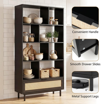 Dreamade 64" Tall 6-Tier Wood Bookshelf with Rattan Drawer