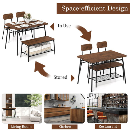Dreamade Dining Table Set for 4, Kitchen Table with Bench & 2 Chairs, Storage & Metal Frame