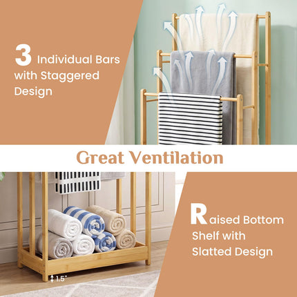 Dreamade 3 Tier Free Standing Bamboo Towel Rack with Storage Shelf