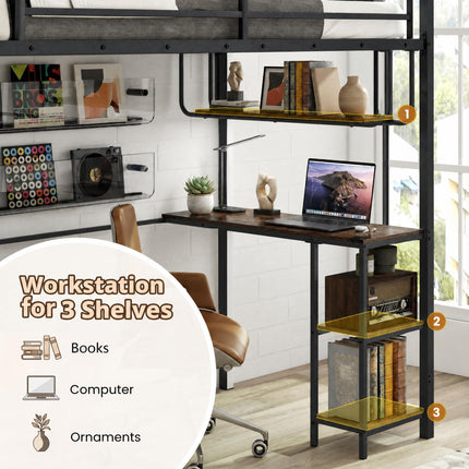 Dreamade Twin Loft Bed with Desk LED Lights & Charging Station