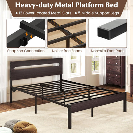 Dreamade Full Size LED Bed Frame with Charging Station Rustic Metal Platform Bed