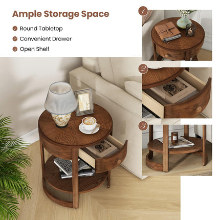 Dreamade Round Side Tables Set of 1/2 | 2-Tier Retro End Tables with Drawer & Shelf