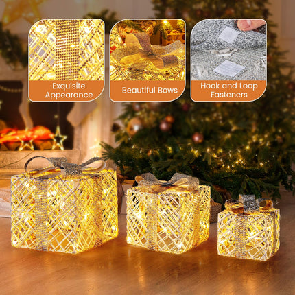 Dreamade Set of 3 Christmas Lighted Gift Boxes, 90 LED Light up Present Boxes with Bows