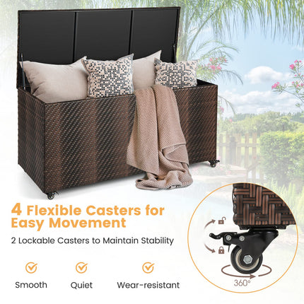 Dreamade 96-Gallon Outdoor Storage Box - PE Wicker Deck Box with Lid, Outside Rattan Storage