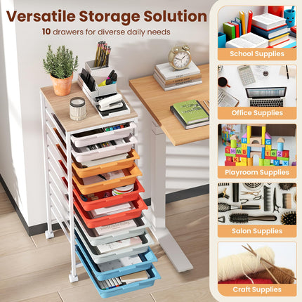 Dreamade 10-Drawer Rolling Storage Cart Mobile Utility Organizer with Wooden Tabletop and Lockable Wheels
