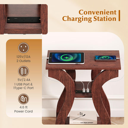 Dreamade End Tables with Charging Station Set of 2 Narrow Sofa Side Tables with Open Storage Shelves