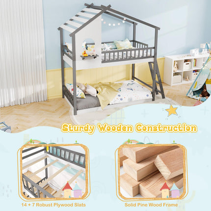 Dreamade Solid Wood Floor Bunk Bed with Ladder and Full-Length Guardrails
