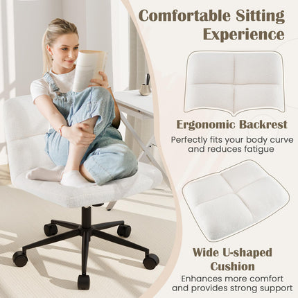 Dreamade Criss Cross Chair with Wheels, Faux Fur Cross Legged Office Chair, Armless Wide Desk Chair