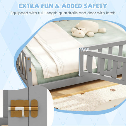 Dreamade Full Size Floor Bed for Kids, Montessori Floor Bed with Wood Slats & Safety Guardrails