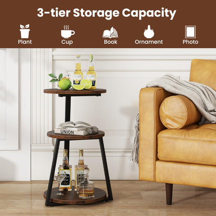 Dreamade Round End Table, Industrial Side Table with Sturdy Metal Frame, Coffee Table, 3-Tier Bedside Table for Bedroom, Living Room
