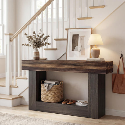 Dreamade 63" Farmhouse Console Table | 2-Tier Narrow Entryway Table with Storage Shelf