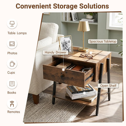 Dreamade Industrial Night Stand with Drawer and Open Shelf