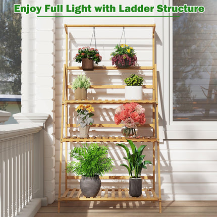 Dreamade Plant Stand Indoor Outdoor - Bamboo 3-Tier Hanging Tall Ladder Flower Pot Display Organizer Rack