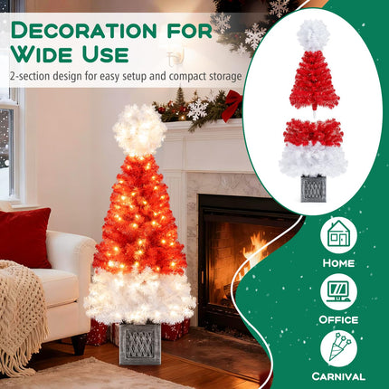 Dreamade 4 FT Pre-Lit Christmas Tree for Entrances, Artificial Potted Santa Hat Xmas Tree with 300 Branch Tips