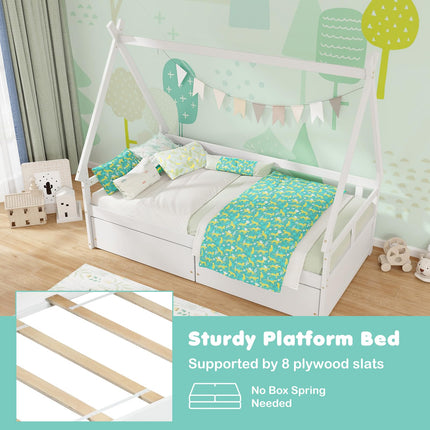 Dreamade Twin Bed with 2 Storage Drawers, Wood Montessori House Tent Bed Frame with Safety Guardrail