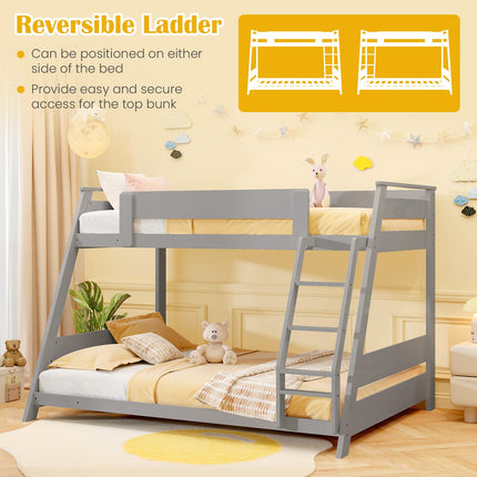 Dreamade Wood Bunk Beds Twin Over Full Size, Solid Wood Floor Low Bunk Bed w/Removable Ladder