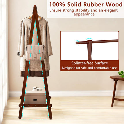 Dreamade Folding Rubber Wood Clothes Hanging Rack Standing Garment Rack with Bottom Storage Shelf