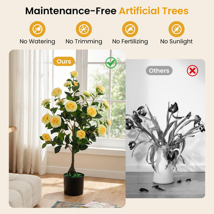 Dreamade 35.5" Artificial Camellia Tree Faux Floral Plant Blooming Tree in Cement Pot
