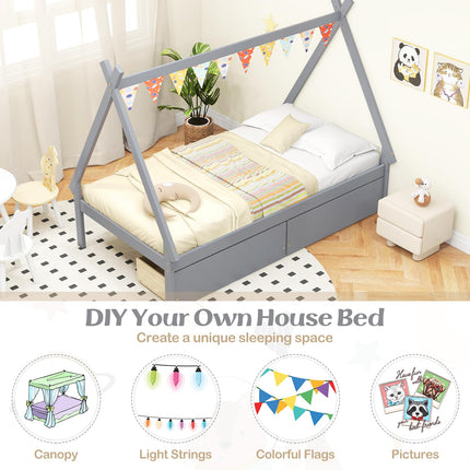 Dreamade Twin Bed Frame with 2 Storage Drawers, Wood House Tent Platform Bed Frame with Triangle Structure