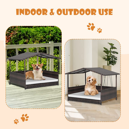 Dreamade Wicker Dog House, Raised Rattan Dog Bed with Roof, Removable Cushion and Steel Frame