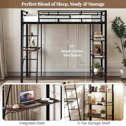Dreamade Twin Size Loft Bed with Desk & Shelves for Kids