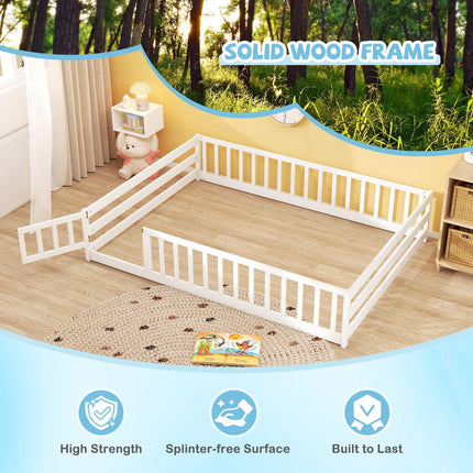 Dreamade Floor Bed with Door & Fence Kids Wood Montessori Beds with Safety Guardrails