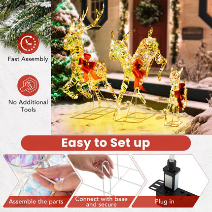 Dreamade Christmas Lighted Reindeer, Set of 3 Reindeer Decorations with LED Lights and Red Bows