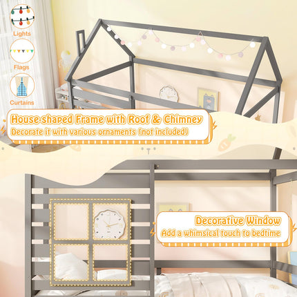 Dreamade Twin House Bed with Trundle Bed Twin, Wooden Twin Bed Frames with Roof, Chimney & Window