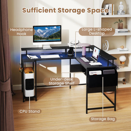 Dreamade L Shaped Desk with LED Light & Power Outlets Ergonomic Home Office Desk