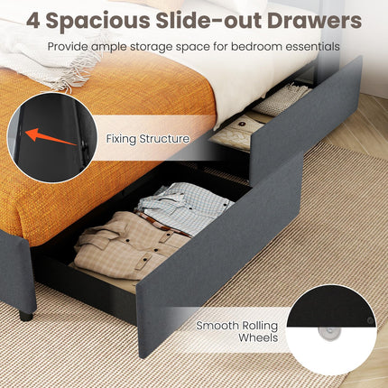 Dreamade Full/Queen Size Bed Frame with 4 Storage Drawers & LED Lights, Headboard & Charging Station, Wooden Slats, Easy Assembly, Grey