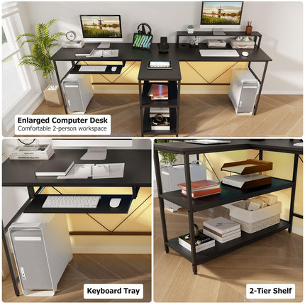 Dreamade 94.5” 2 Person Desk with LED Lights, Long PC Study Desk with Storage Shelves, Power Outlets