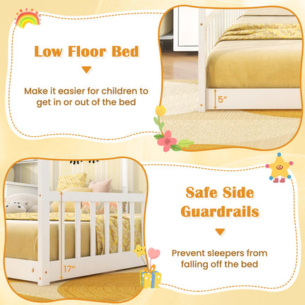 Dreamade Double Twin Floor Beds for 2 Kids, Wood Twin Size House Beds with Safety Guardrails, White