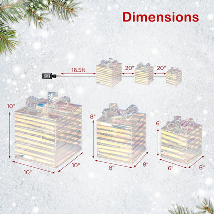Dreamade 3 Pieces Christmas Lighted Gift Boxes, 90 LED Light up Present Boxes with Bows, Zip Ties & Ground Stakes