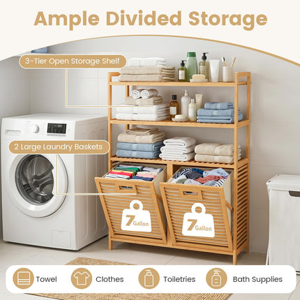 Dreamade Double Tilt Out 14 Gal Bamboo Laundry Hamper with 3-Tier Storage Shelf