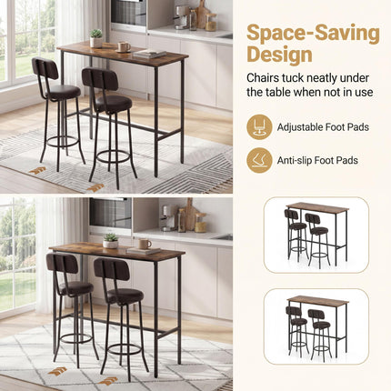 Dreamade 3-Piece Bar Table and Chairs Set | Counter Height Pub Table and 2 Upholstered Stools