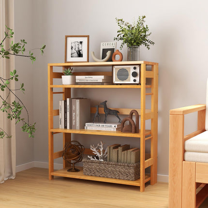 Dreamade 4-Tier Bookshelf, 34.5" Floor Storage Shelf w/Rubber Wood Frame, Anti-Toppling Kits, Side Fences
